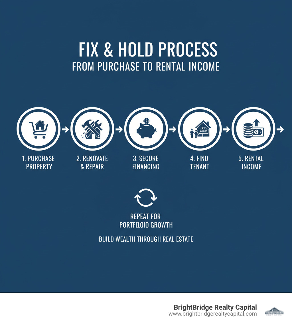Infographic explaining the fix and hold process from purchase to rental income - fix and hold loans infographic Infographic explaining the fix and hold process from purchase to rental income - fix and hold loans infographic