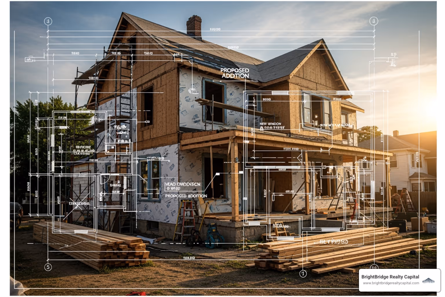 blueprint overlaying a house needing renovation - fix and hold loans