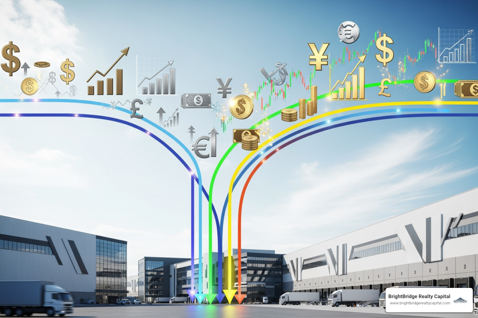 flowchart showing different loan paths for industrial properties, including Conventional Bank Loans, SBA Loans, CMBS Loans, Bridge Loans, and Mezzanine Financing, with arrows indicating the typical use cases and progression between loan types - industrial property loan
