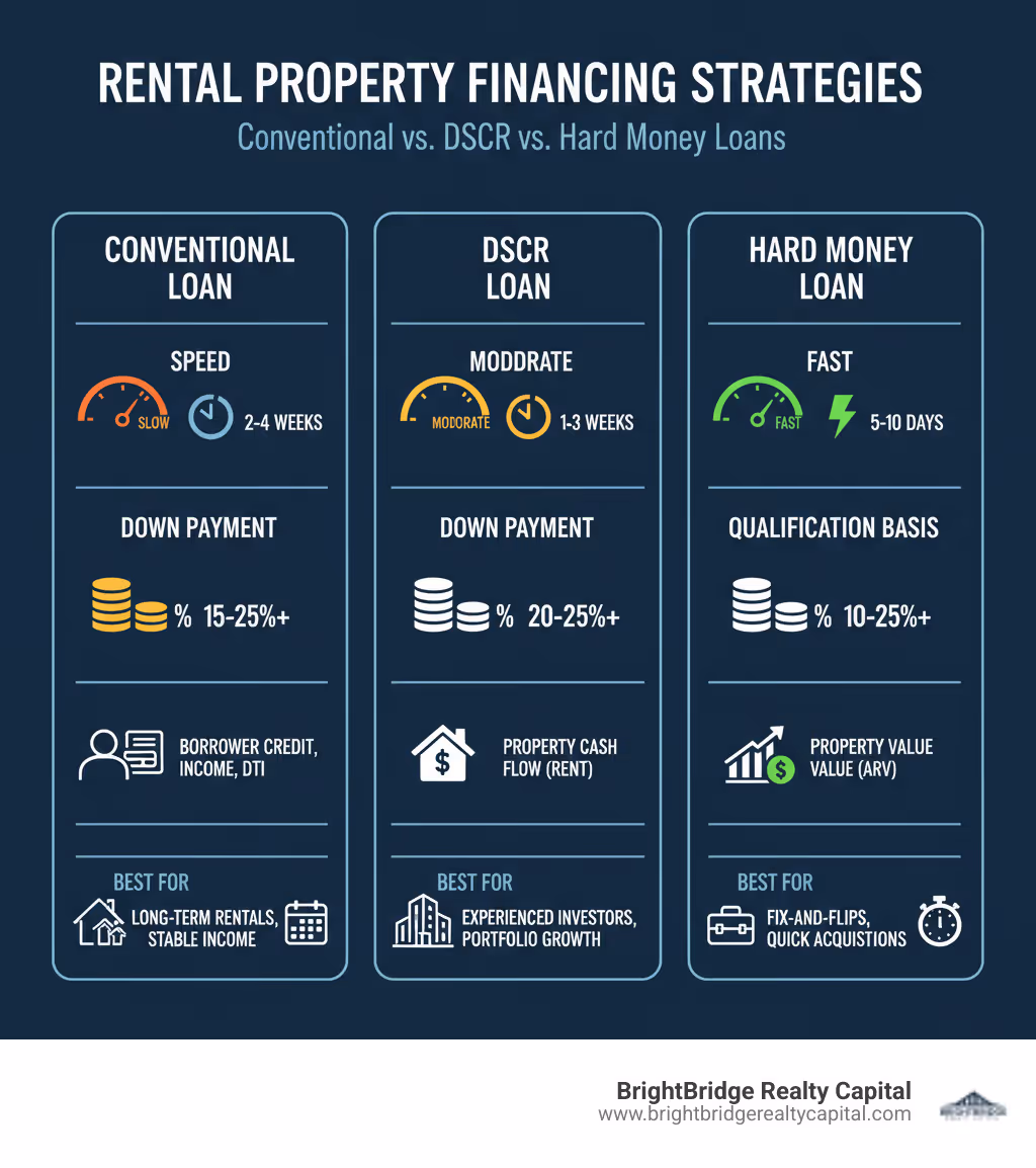 Infographic comparing Conventional, DSCR, and Hard Money Loans on key criteria like speed, down payment, and qualification basis - Rental property financing infographic 