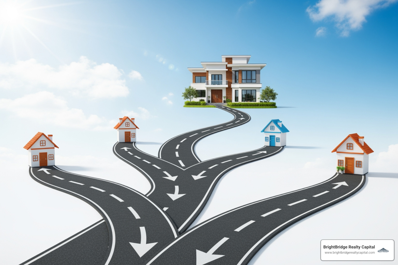 Flowchart showing different loan paths for investors: Start -> Traditional Loans (Conventional, FHA/VA for owner-occupied multi-unit) -> Flexible Loans (DSCR, Hard Money, Private Money, Bridge, Portfolio, Seller Financing, HELOCs) -> Refinance Options (Cash-out, Rate-and-Term) -> Investment Success - Rental property financing