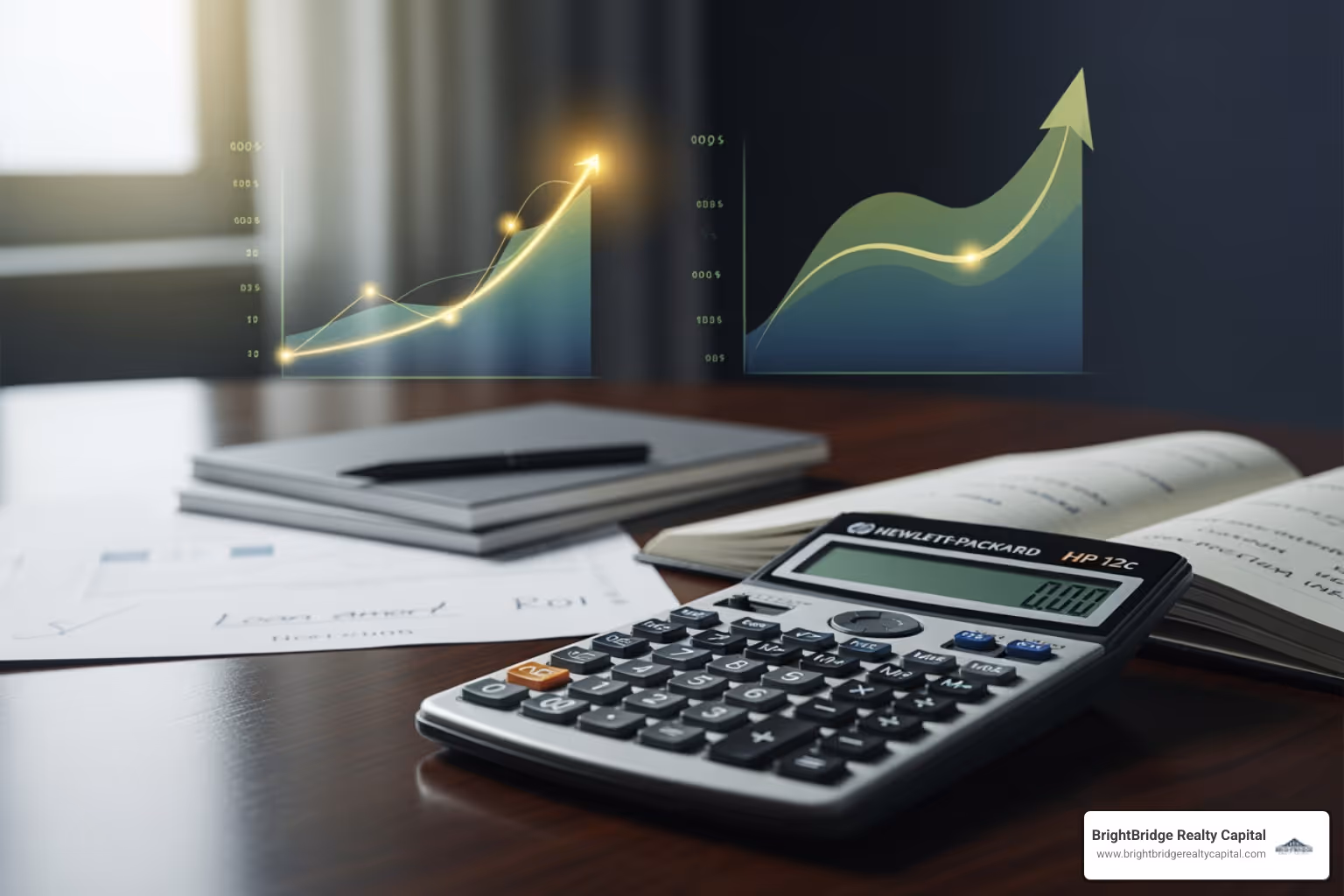 Calculator with charts showing property value appreciation and cash flow - Rental property financing