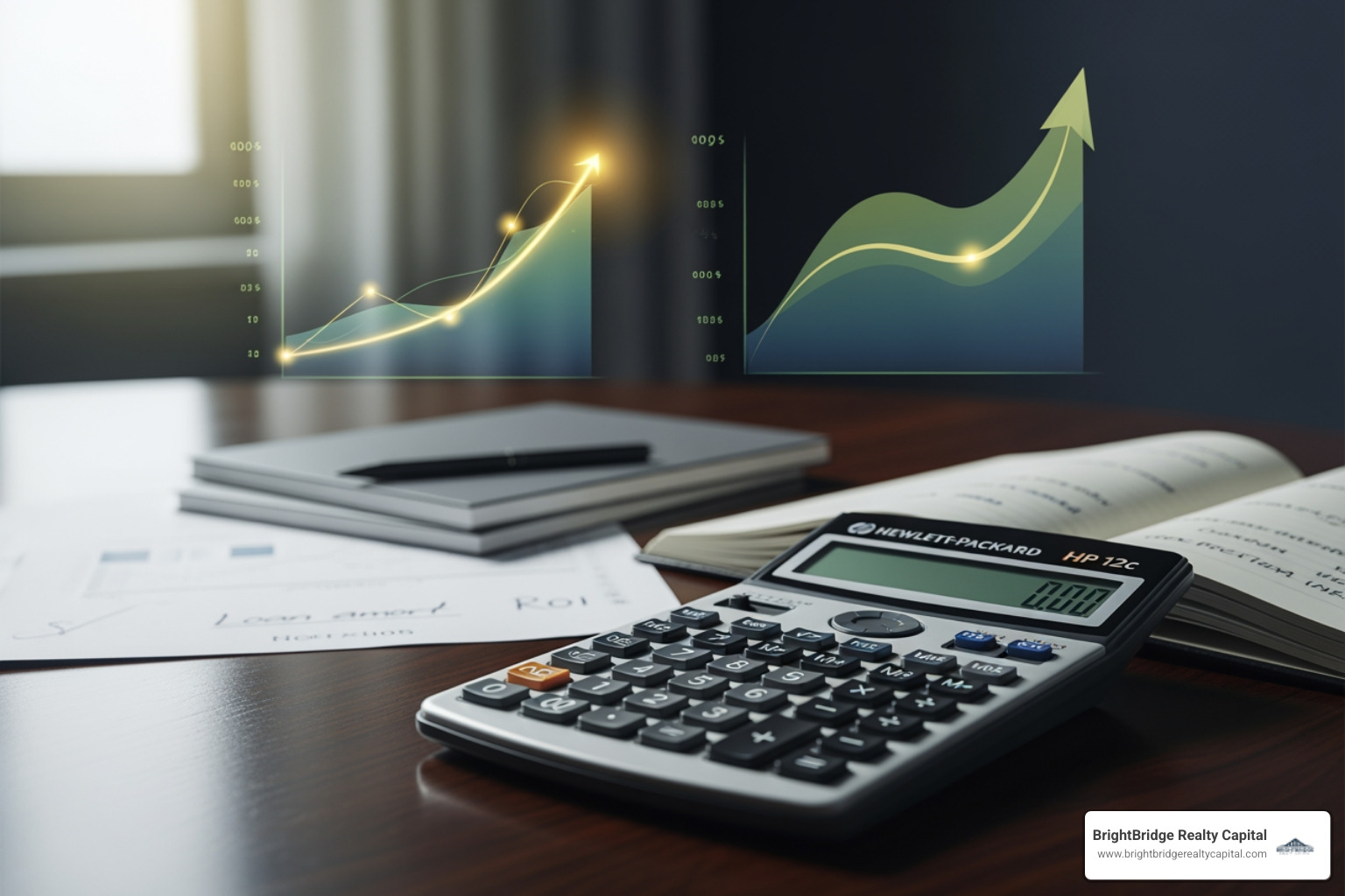 Calculator with charts showing property value appreciation and cash flow - Rental property financing