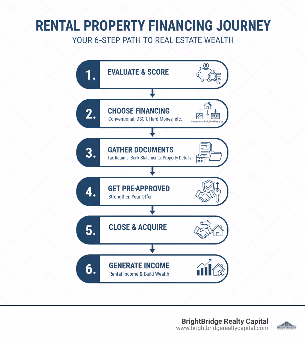 Infographic showing the rental property financing journey: Step 1 - Evaluate your financial position and credit score; Step 2 - Choose your financing type (Conventional, DSCR, Hard Money, etc.); Step 3 - Gather documentation (tax returns, bank statements, property details); Step 4 - Get pre-approved to strengthen your offer; Step 5 - Close and acquire your rental property; Step 6 - Generate rental income and build wealth - Rental property financing infographic 