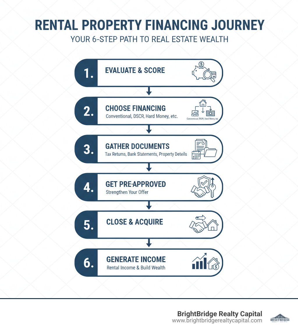 Infographic showing the rental property financing journey: Step 1 - Evaluate your financial position and credit score; Step 2 - Choose your financing type (Conventional, DSCR, Hard Money, etc.); Step 3 - Gather documentation (tax returns, bank statements, property details); Step 4 - Get pre-approved to strengthen your offer; Step 5 - Close and acquire your rental property; Step 6 - Generate rental income and build wealth - Rental property financing infographic 