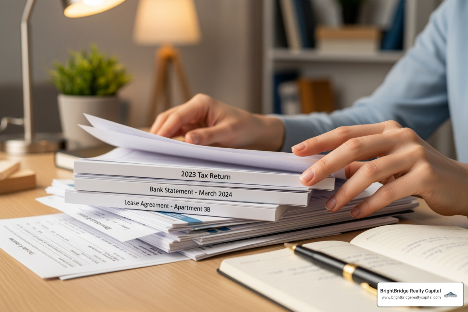 Person organizing financial documents like tax returns, bank statements, and lease agreements - Rental property financing