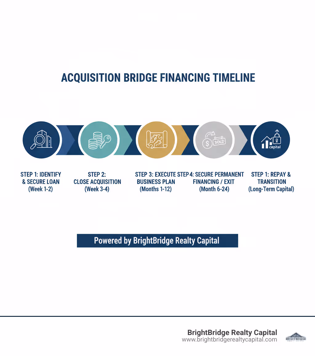 Infographic showing the acquisition bridge financing timeline: Step 1 - Identify target property/business and secure bridge loan commitment (Week 1-2). Step 2 - Close acquisition using bridge funds (Week 3-4). Step 3 - Execute business plan: renovations, integration, or stabilization (Months 1-12). Step 4 - Secure permanent financing or exit via sale (Month 6-24). Step 5 - Repay bridge loan and transition to long-term capital. - Acquisition bridge financing infographic 