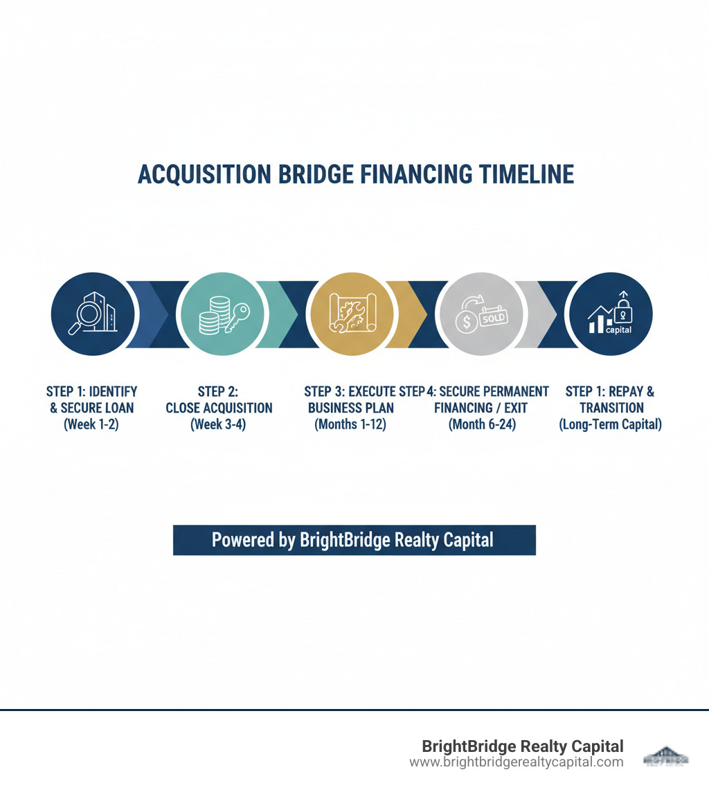 Infographic showing the acquisition bridge financing timeline: Step 1 - Identify target property/business and secure bridge loan commitment (Week 1-2). Step 2 - Close acquisition using bridge funds (Week 3-4). Step 3 - Execute business plan: renovations, integration, or stabilization (Months 1-12). Step 4 - Secure permanent financing or exit via sale (Month 6-24). Step 5 - Repay bridge loan and transition to long-term capital. - Acquisition bridge financing infographic 