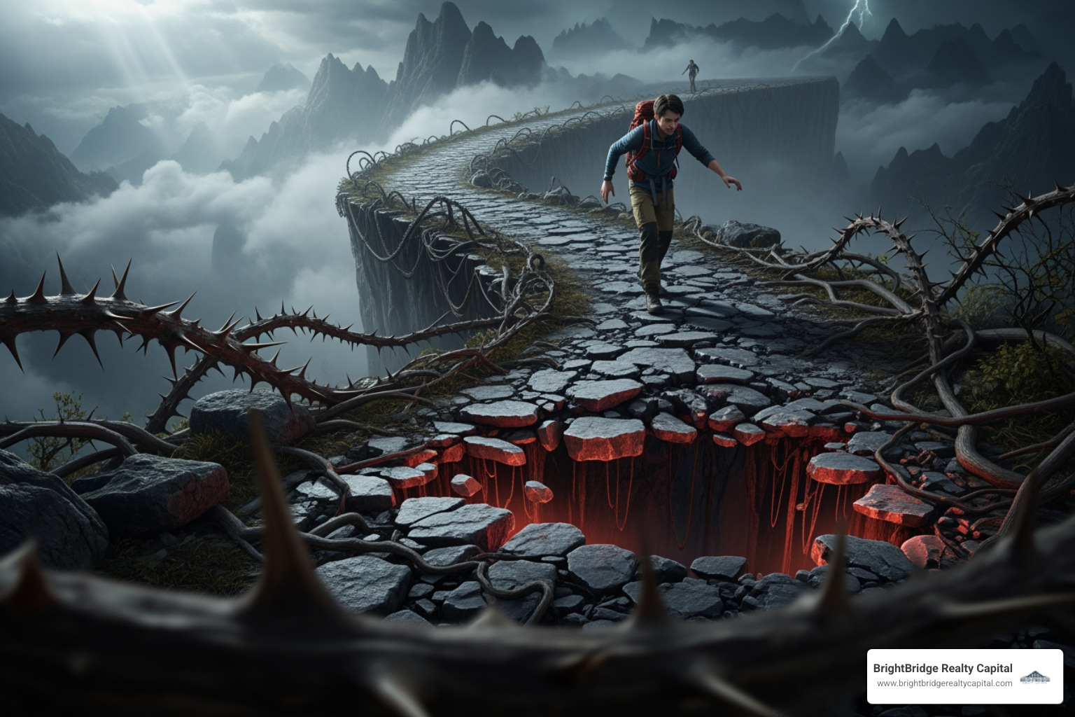 Image of a person navigating a path with potential pitfalls labeled 'High Costs' and 'Short Timeline' - Acquisition bridge financing