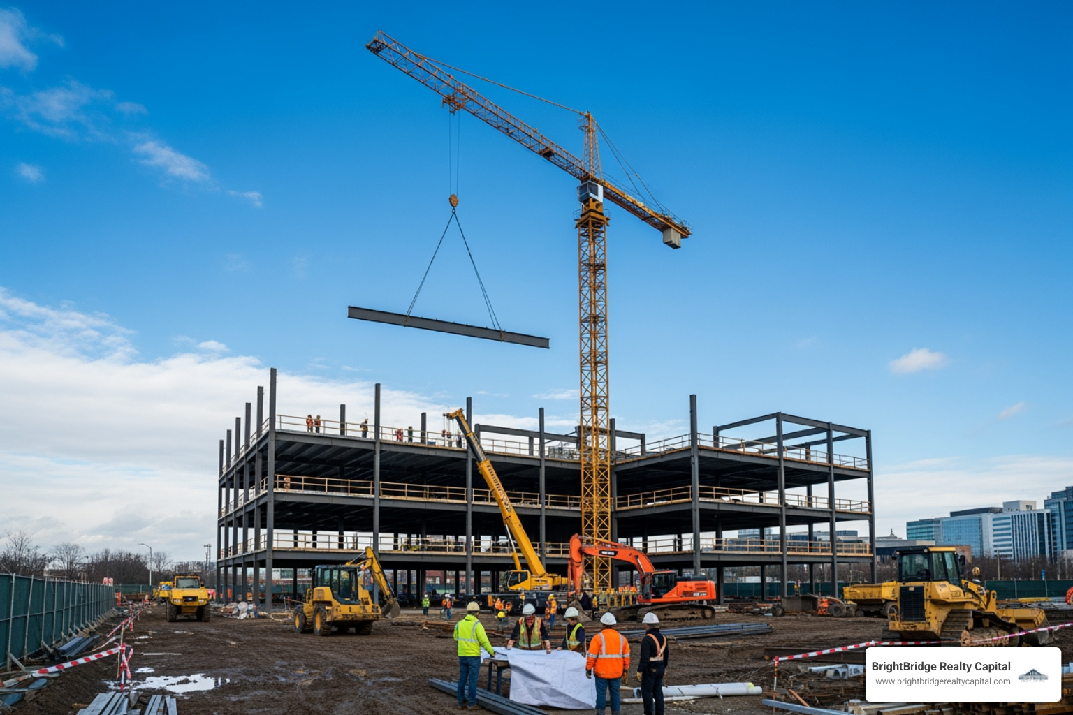 A bustling construction site with a large crane lifting steel beams against a clear sky, symbolizing growth and development in commercial real estate - commercial property lending