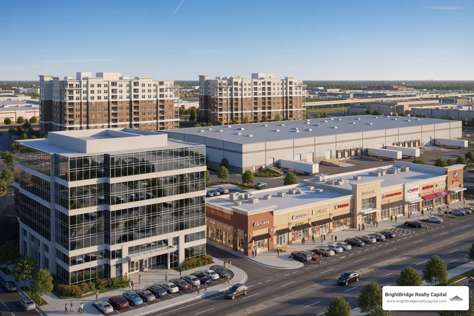 A diverse portfolio of commercial properties including a modern office building, a bustling retail center, a large industrial warehouse, and a multi-story apartment complex - commercial property lending
