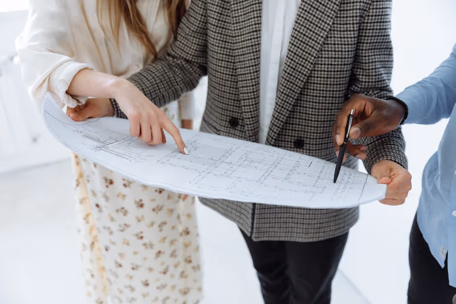 person reviewing floor plans with a contractor - how to get into flipping homes