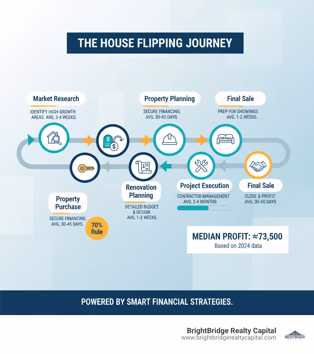 infographic showing the house flipping process from market research through property purchase, renovation planning, contractor management, project execution, staging, and final sale with key metrics at each stage - how to get into flipping homes infographic 
