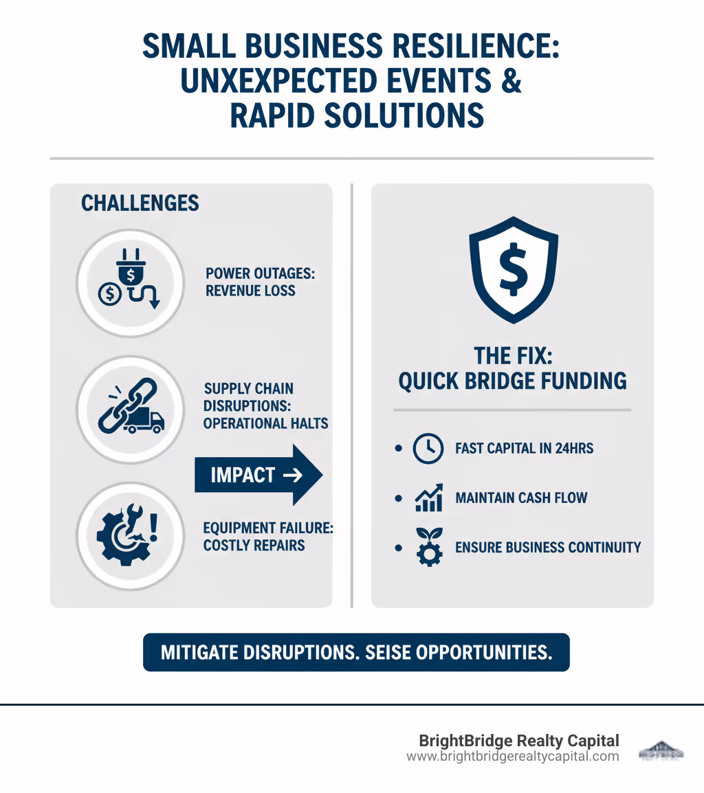 Infographic detailing the impact of unexpected events on small businesses, such as revenue loss from power outages, supply chain disruptions, and equipment failure, and how quick bridge funding can mitigate these impacts - quick bridge funding infographic 