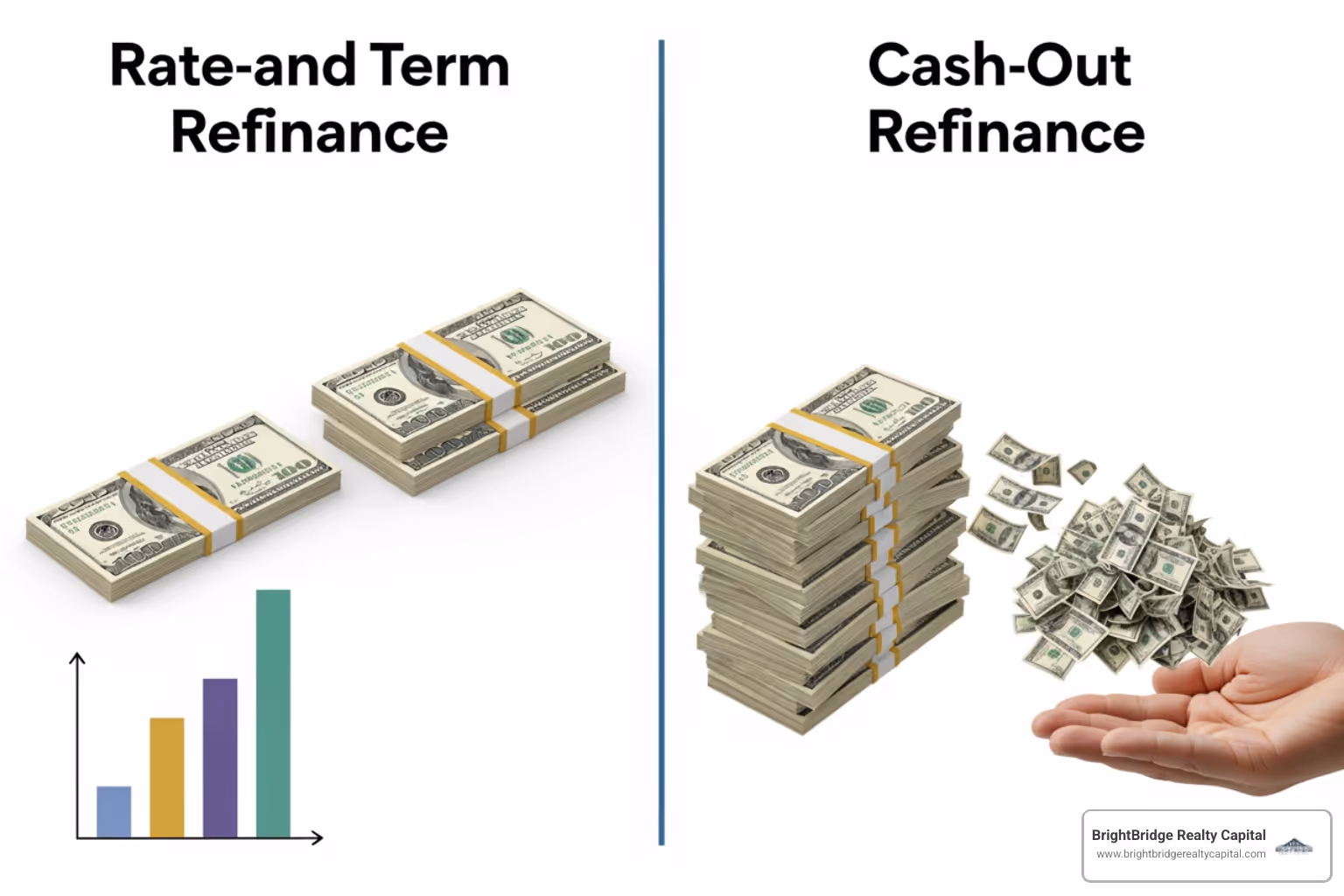 Image illustrating the difference between rate-and-term and cash-out refinance. Rate-and-term shows a smaller new loan amount replacing the old loan, while cash-out shows a larger new loan amount, with the difference going to the borrower as cash. - Investment property refinance