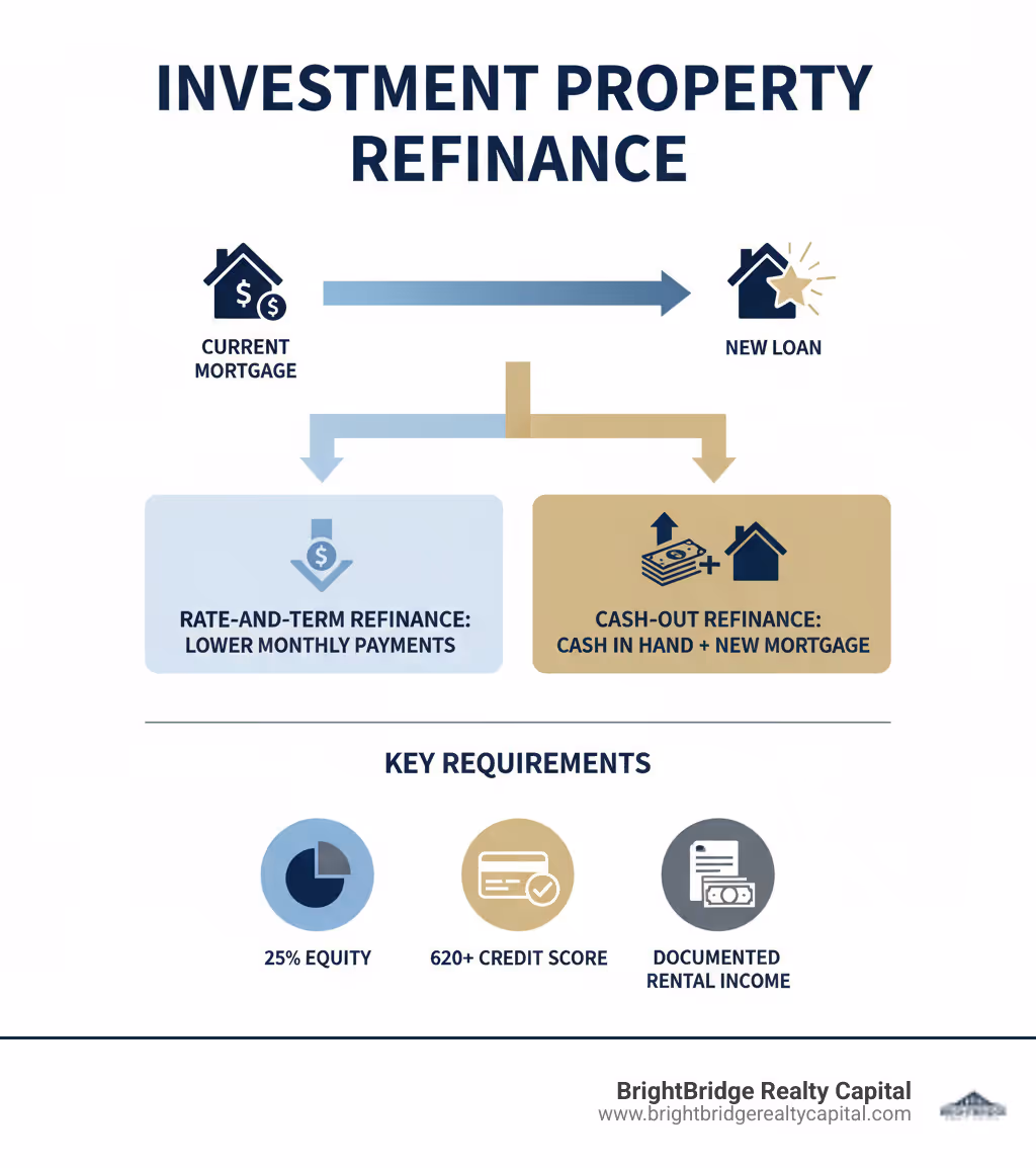 Infographic showing the investment property refinance process: Current mortgage is replaced with a new loan, resulting in either lower monthly payments (rate-and-term refinance) or cash in hand plus a new mortgage (cash-out refinance), with key requirements listed including 25% equity, 620+ credit score, and documented rental income - Investment property refinance infographic