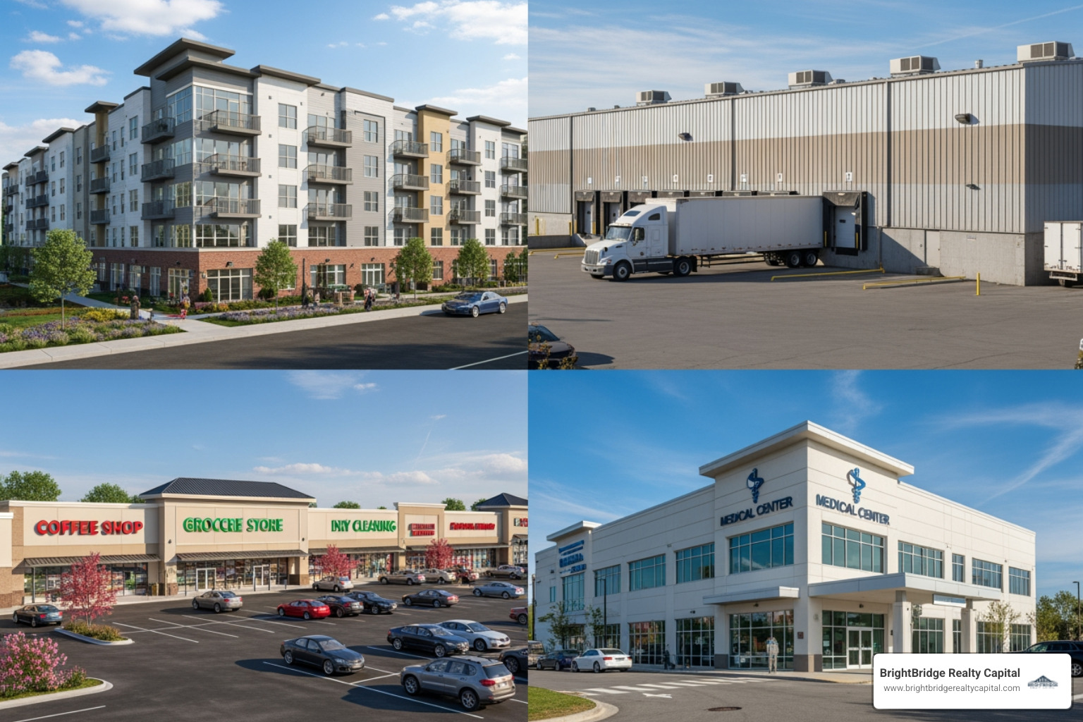 Collage of different commercial properties: multifamily apartment, warehouse, retail strip, and medical office - Direct commercial loans