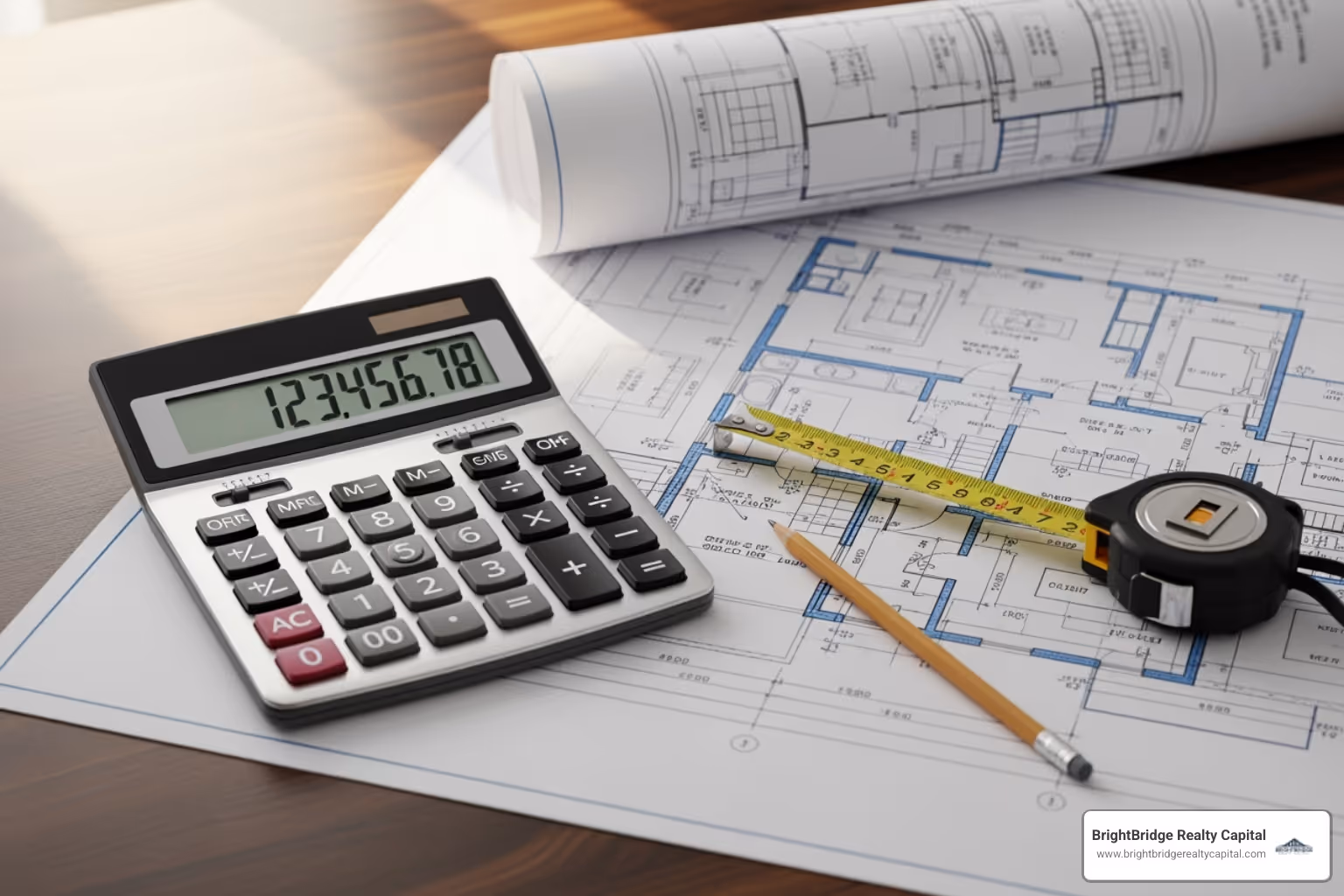 A calculator and a property blueprint on a desk - airbnb lending