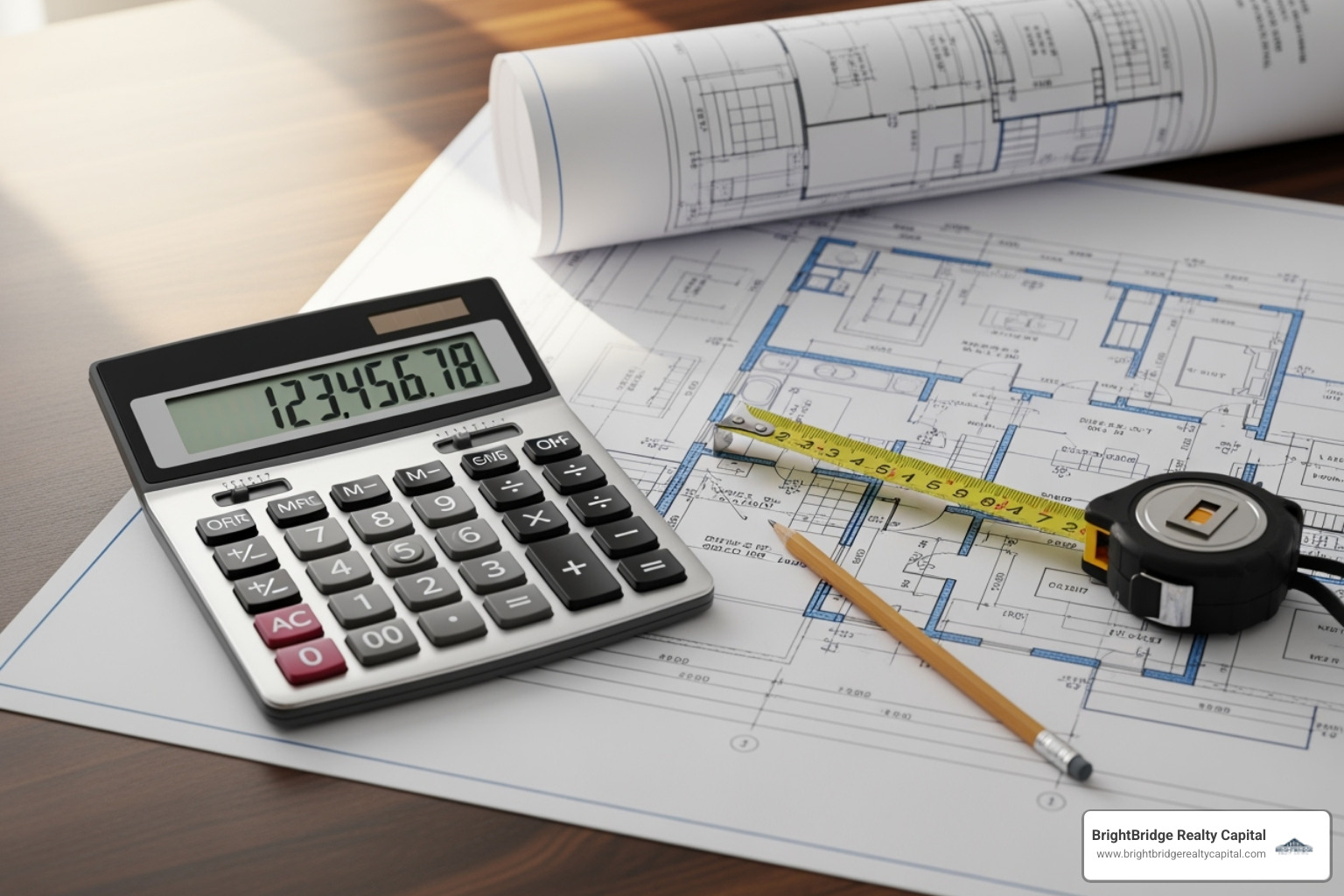 A calculator and a property blueprint on a desk - airbnb lending A calculator and a property blueprint on a desk - airbnb lending