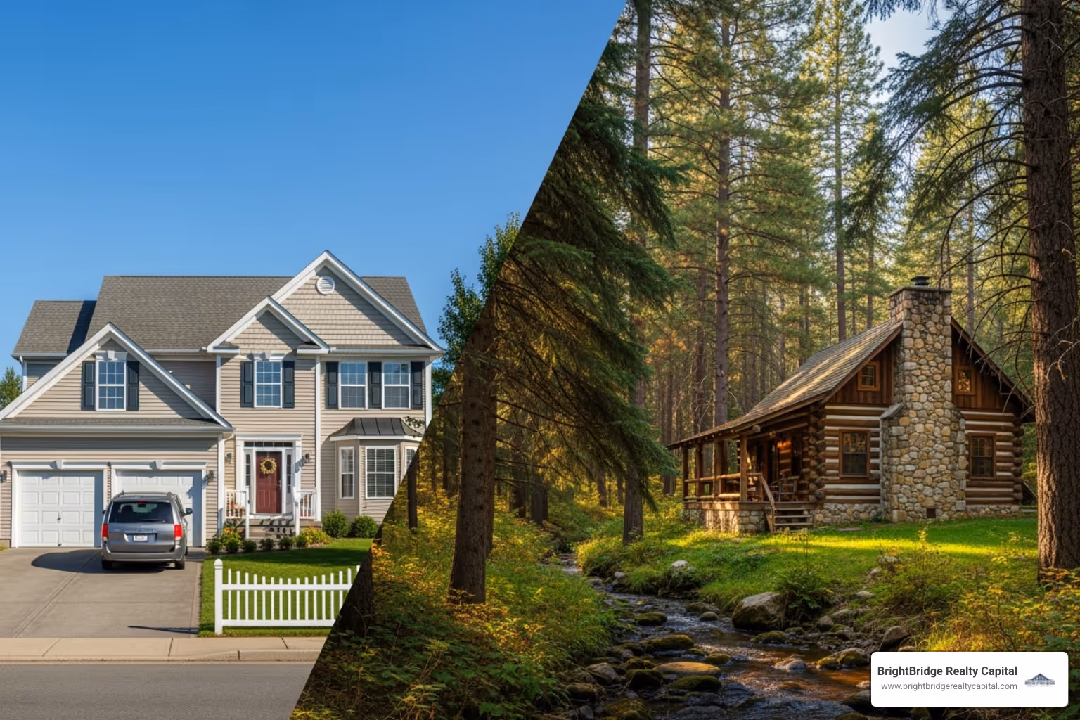A split-screen showing a traditional family home vs. a vacation rental cabin - airbnb lending