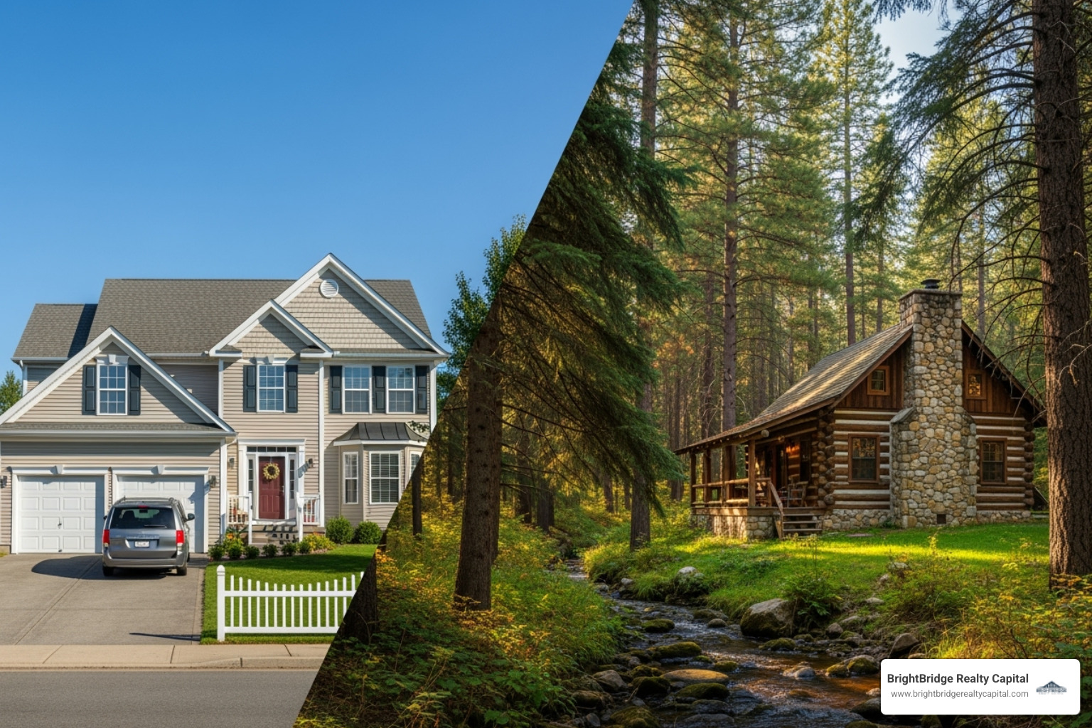 A split-screen showing a traditional family home vs. a vacation rental cabin - airbnb lending A split-screen showing a traditional family home vs. a vacation rental cabin - airbnb lending