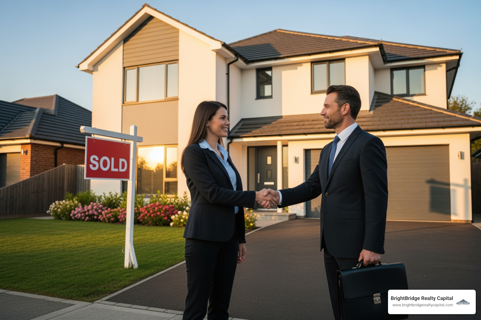 two people shaking hands in front of a house, representing a partnership or seller financing deal - down payment required for rental property