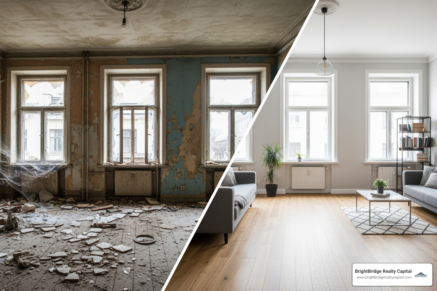 dilapidated room and renovated room - Distressed property financing dilapidated room and renovated room - Distressed property financing