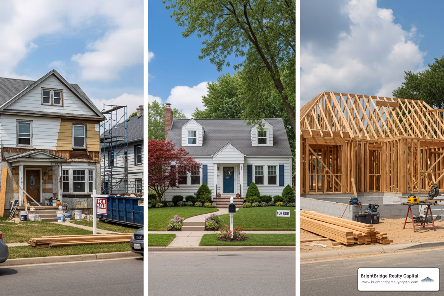 Different types of investment properties: a fix-and-flip, a rental home, and a new construction site - direct private real estate lender