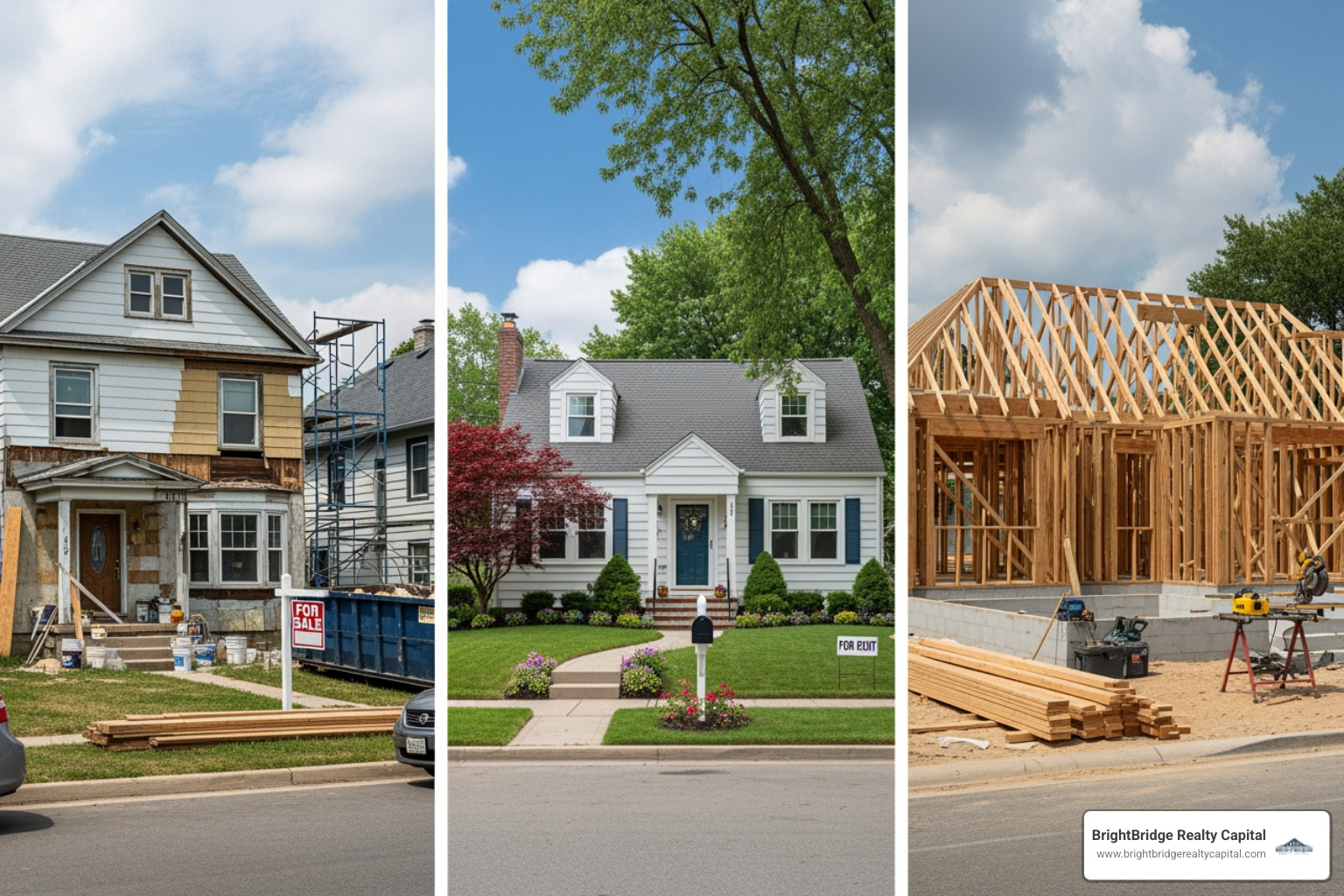 Different types of investment properties: a fix-and-flip, a rental home, and a new construction site - direct private real estate lender
