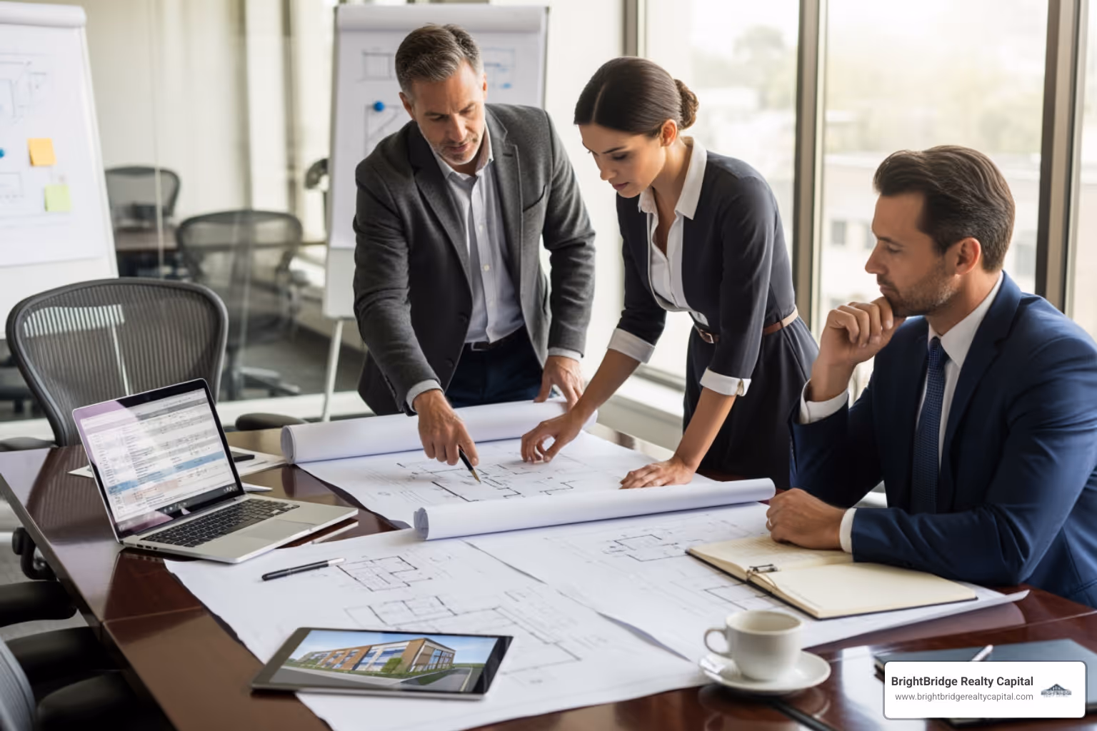 developer, architect, and banker reviewing blueprints - Commercial construction loan