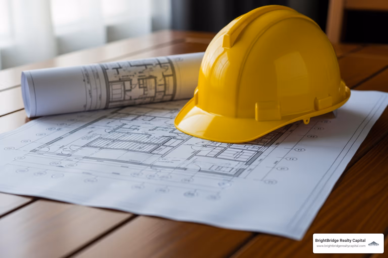 blueprint and hardhat on a table - real estate private lending