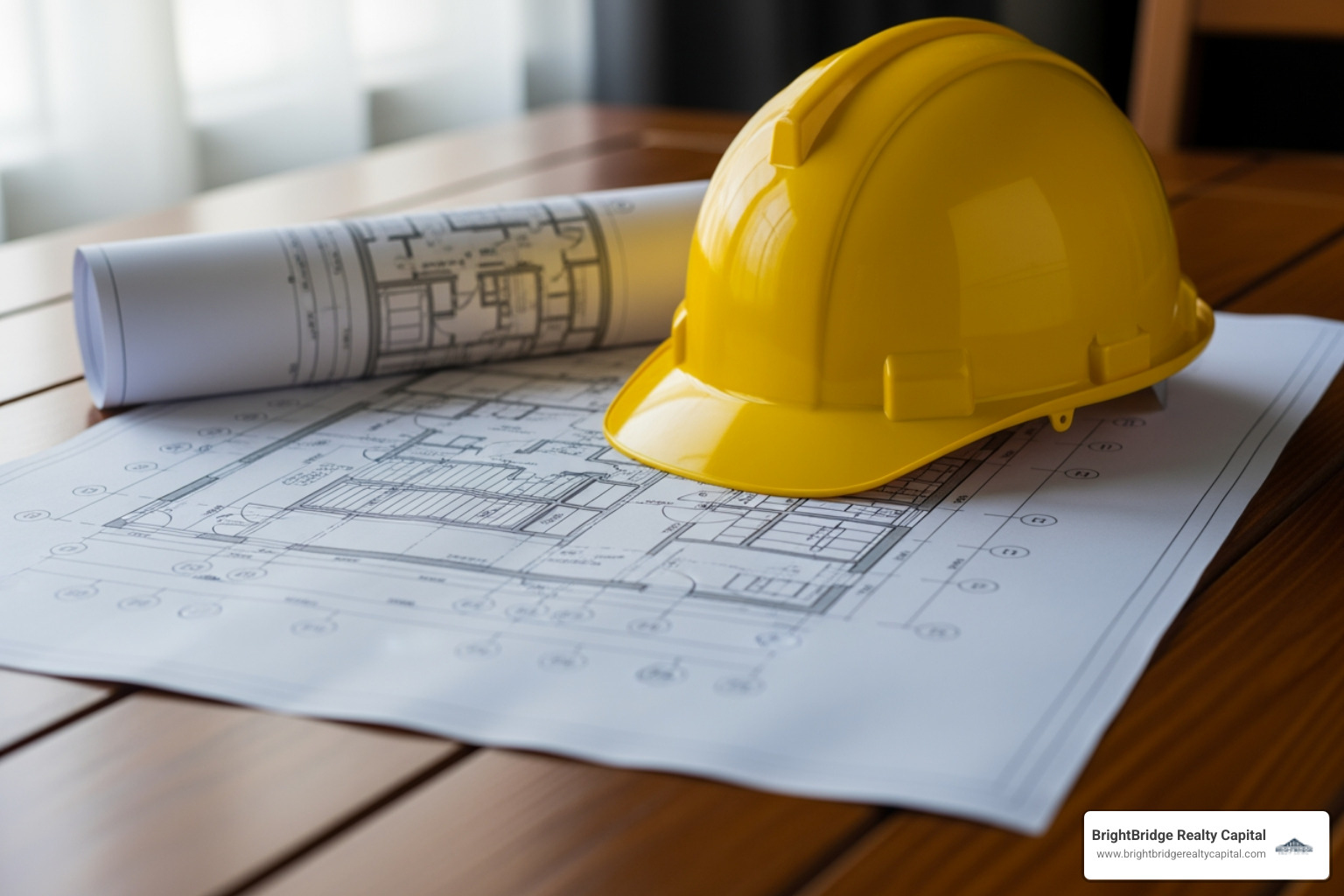 blueprint and hardhat on a table - real estate private lending blueprint and hardhat on a table - real estate private lending