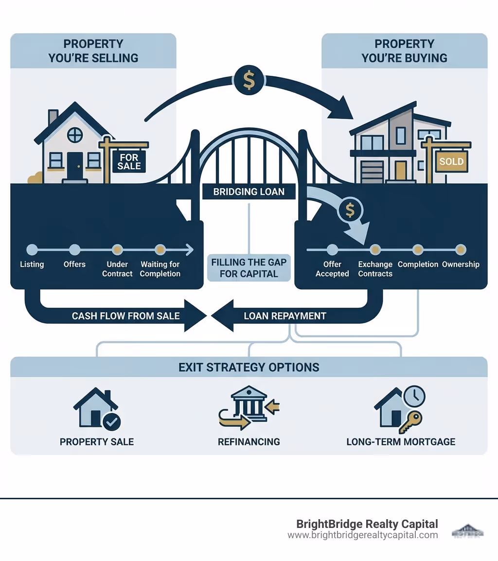 infographic showing the bridging loan concept: left side shows "Property You're Selling" with timeline, middle shows "Bridging Loan" filling the gap, right side shows "Property You're Buying" with timeline, arrows indicating cash flow from sale to loan repayment, and exit strategy options listed at bottom - bridging loans infographic 