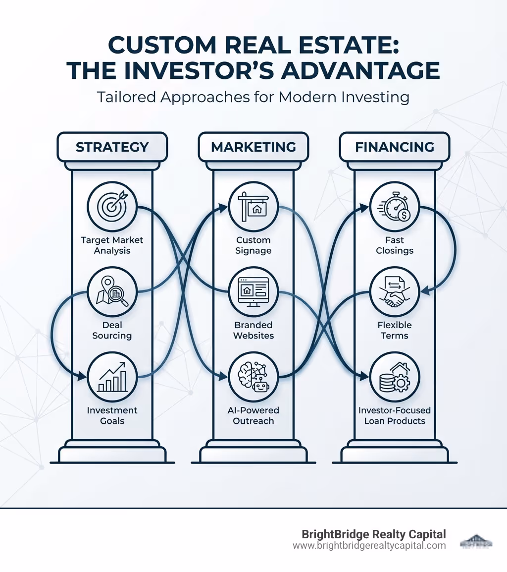 Infographic showing three interconnected pillars: Strategy (target market analysis, deal sourcing, investment goals), Marketing (custom signage, branded websites, AI-powered outreach), and Financing (fast closings, flexible terms, investor-focused loan products) - Custom real estate infographic