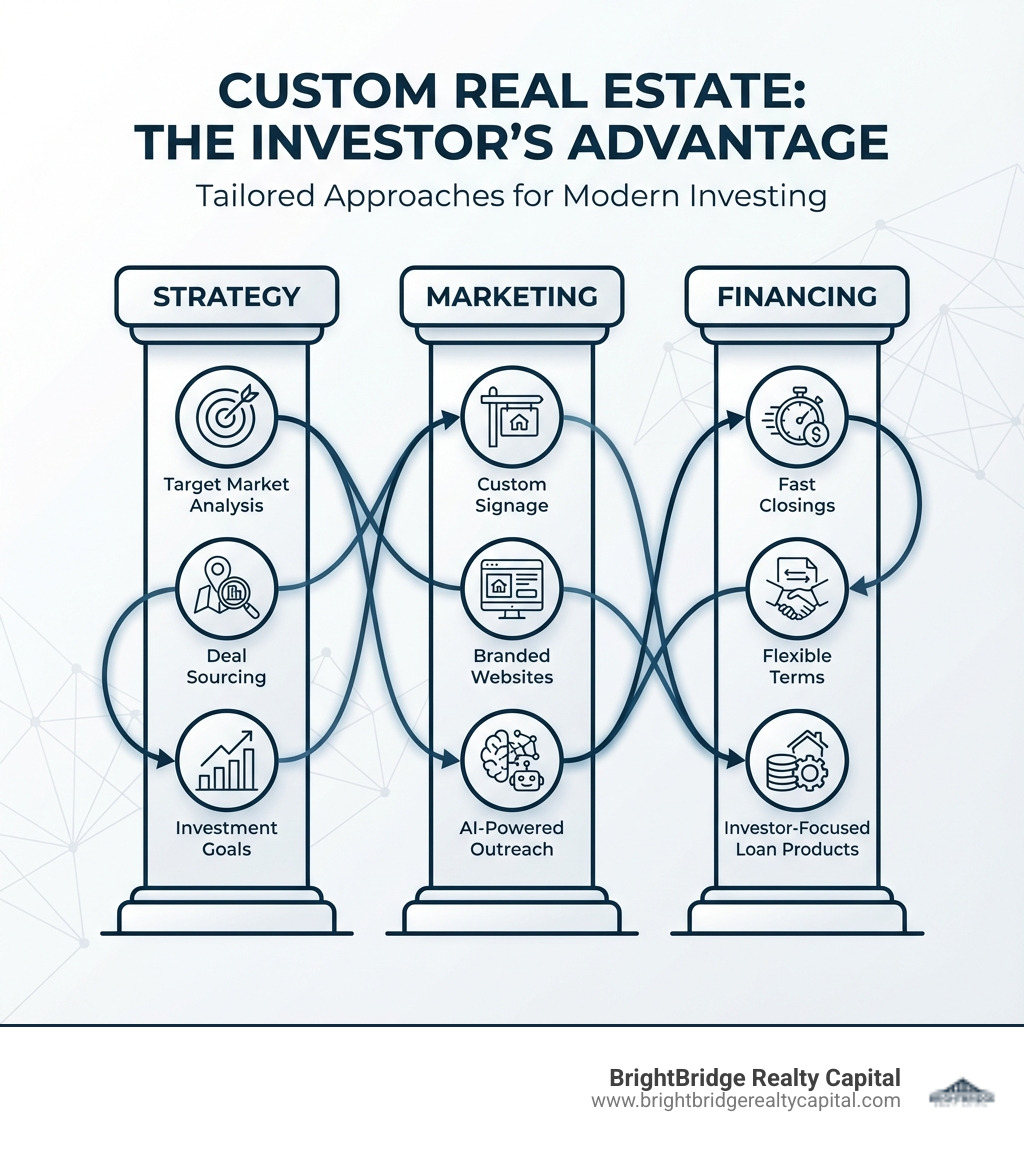 Infographic showing three interconnected pillars: Strategy (target market analysis, deal sourcing, investment goals), Marketing (custom signage, branded websites, AI-powered outreach), and Financing (fast closings, flexible terms, investor-focused loan products) - Custom real estate infographic 