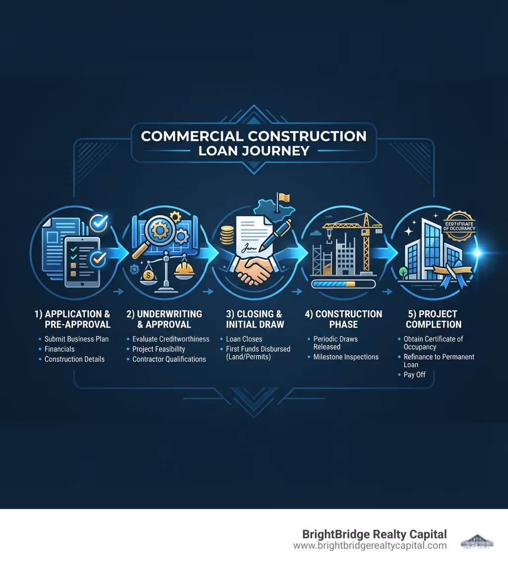 Infographic showing the commercial construction loan journey: 1) Application & Pre-Approval (submit business plan, financials, construction details), 2) Underwriting & Approval (lender evaluates creditworthiness, project feasibility, contractor qualifications), 3) Closing & Initial Draw (loan closes, first funds disbursed for land/permits), 4) Construction Phase (periodic draws released based on milestone inspections), 5) Project Completion (obtain Certificate of Occupancy, refinance into permanent loan or pay off) - commercial construction loans infographic 