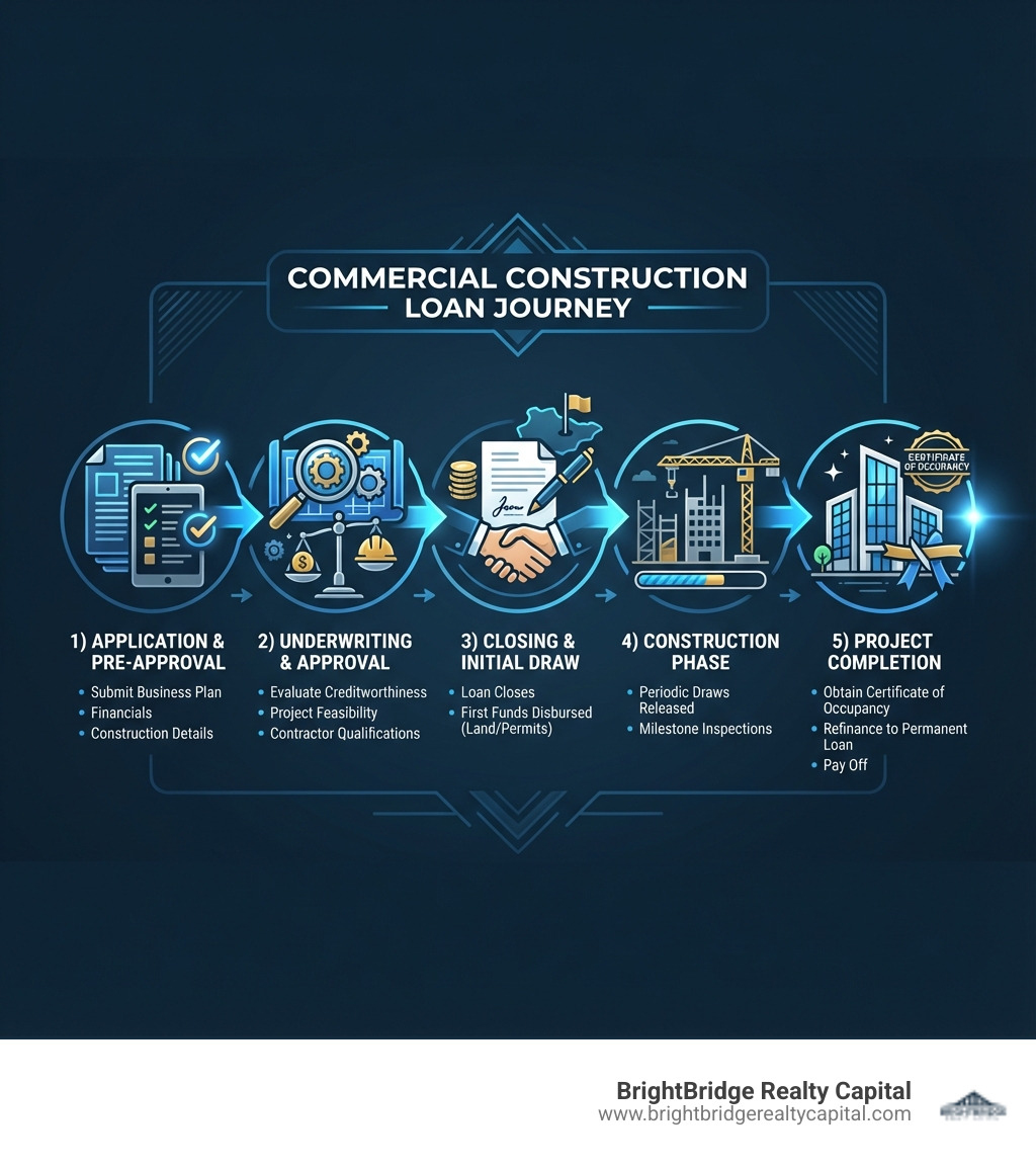 Infographic showing the commercial construction loan journey: 1) Application & Pre-Approval (submit business plan, financials, construction details), 2) Underwriting & Approval (lender evaluates creditworthiness, project feasibility, contractor qualifications), 3) Closing & Initial Draw (loan closes, first funds disbursed for land/permits), 4) Construction Phase (periodic draws released based on milestone inspections), 5) Project Completion (obtain Certificate of Occupancy, refinance into permanent loan or pay off) - commercial construction loans infographic Infographic showing the commercial construction loan journey: 1) Application & Pre-Approval (submit business plan, financials, construction details), 2) Underwriting & Approval (lender evaluates creditworthiness, project feasibility, contractor qualifications), 3) Closing & Initial Draw (loan closes, first funds disbursed for land/permits), 4) Construction Phase (periodic draws released based on milestone inspections), 5) Project Completion (obtain Certificate of Occupancy, refinance into permanent loan or pay off) - commercial construction loans infographic