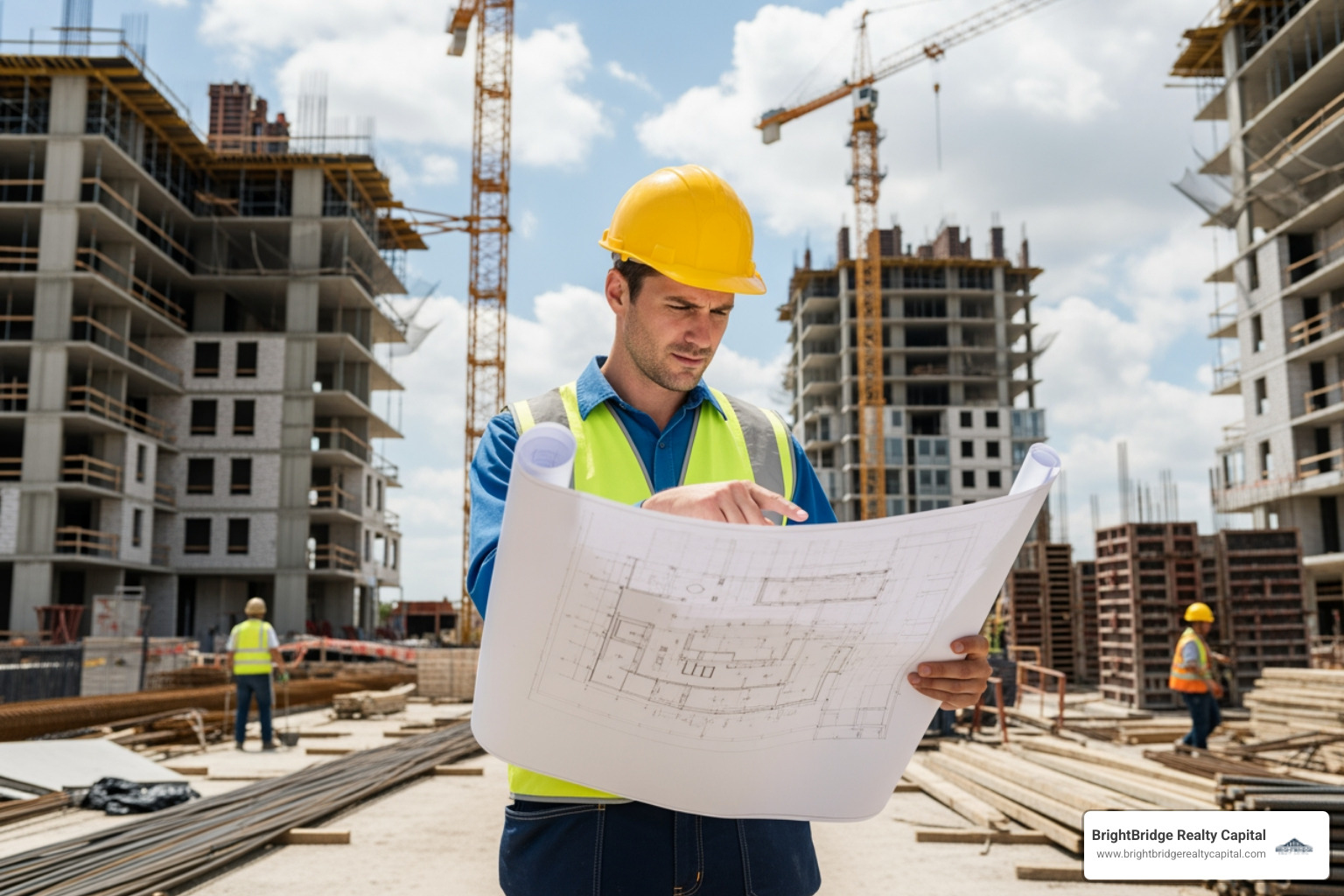 person reviewing blueprints on a construction site - fix and flip hard money loan requirements