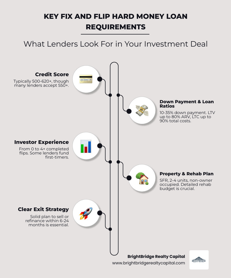 infographic showing fix and flip hard money loan requirements including credit score ranges, down payment percentages, LTV and LTC ratios, typical loan terms, interest rates, and property types accepted - fix and flip hard money loan requirements infographic infographic-line-5-steps-elegant_beige