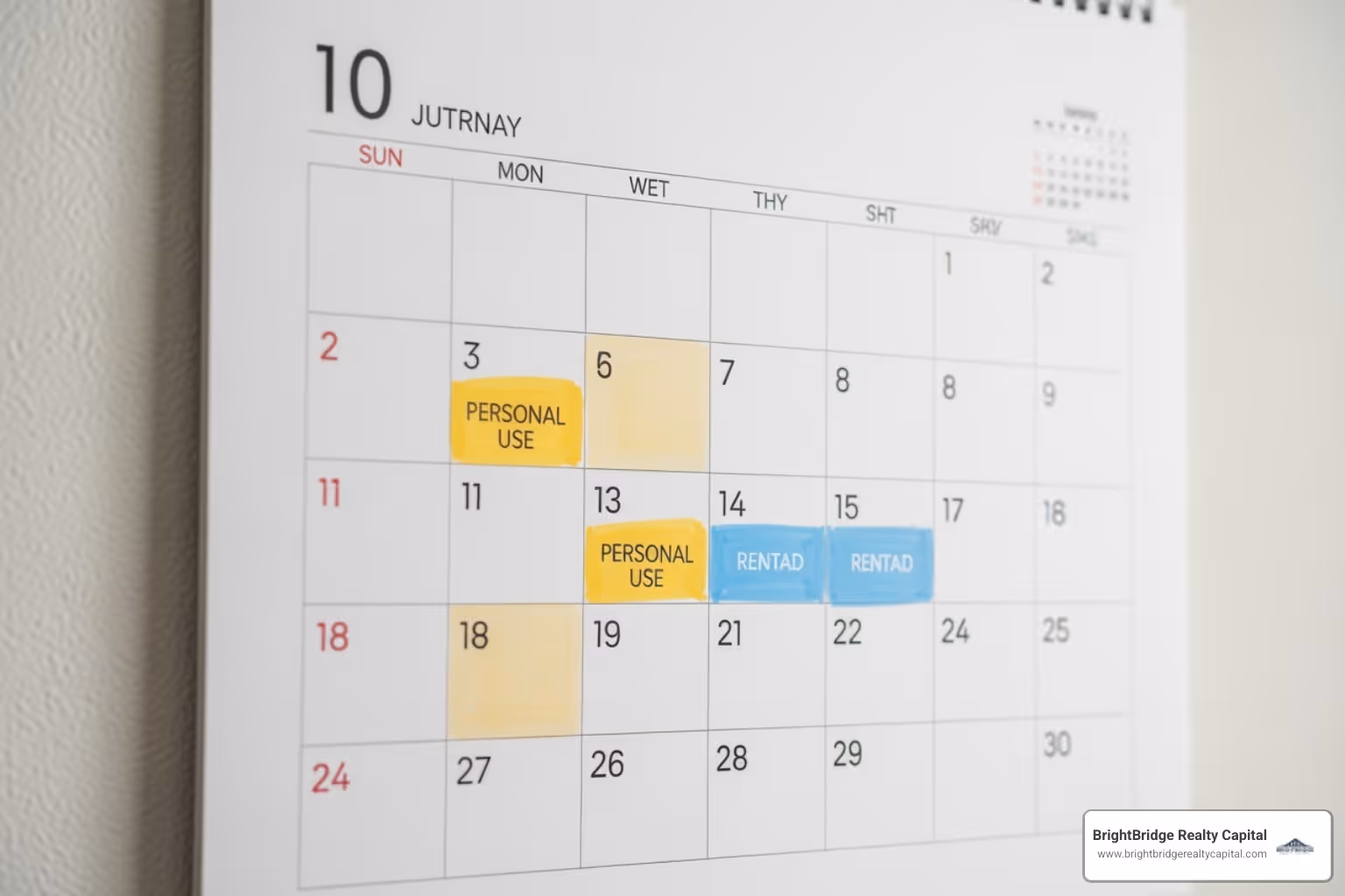calendar with personal use and rental days marked - vacation property financing
