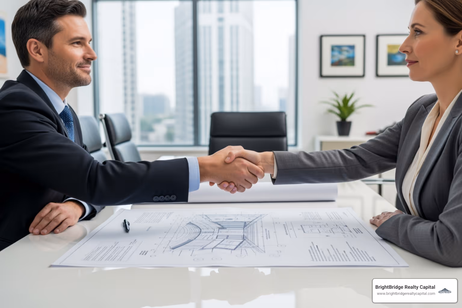 Lender and investor shaking hands over blueprint - asset based bridge loans