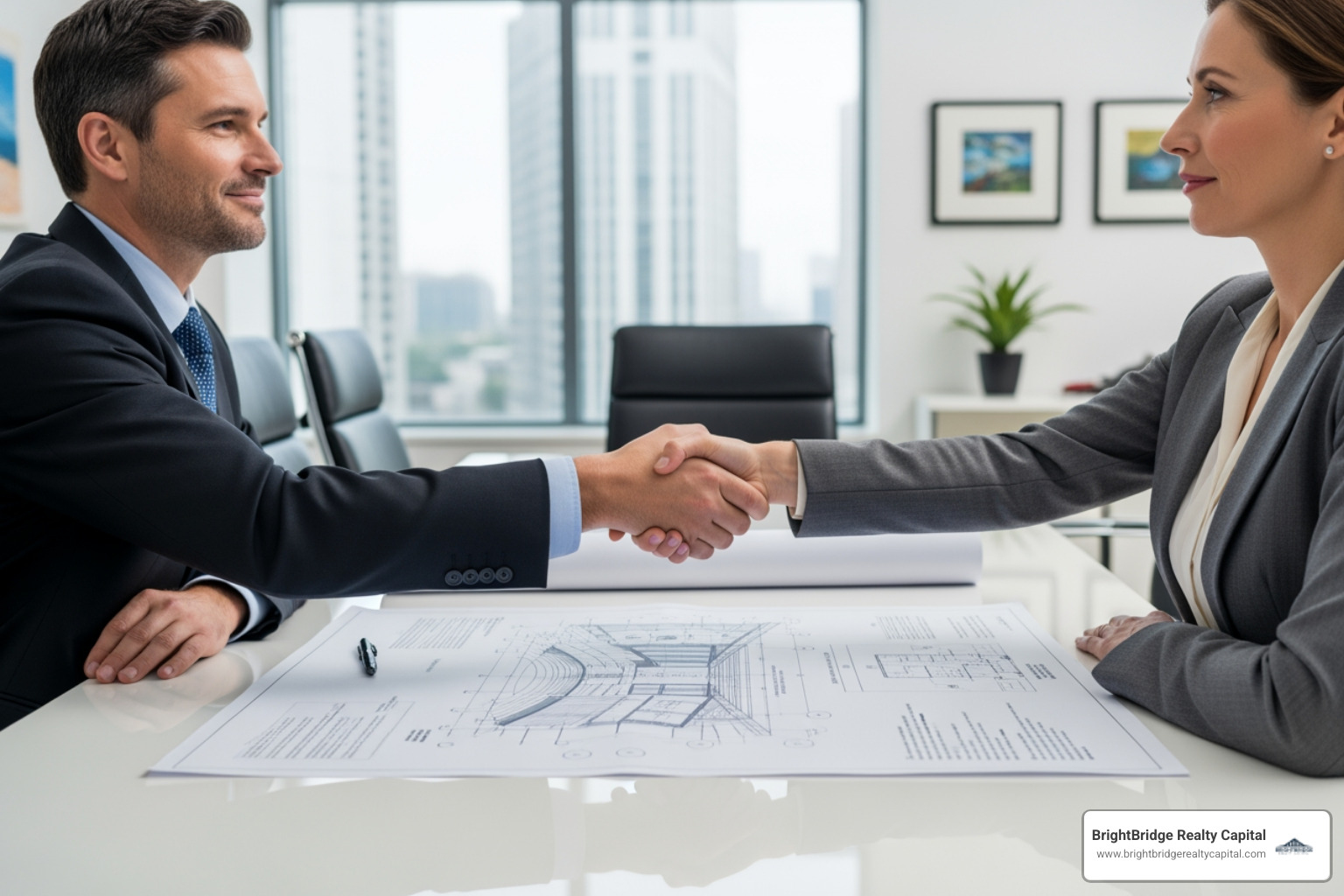 Lender and investor shaking hands over blueprint - asset based bridge loans