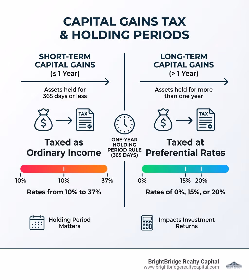 Infographic showing the one-year holding period rule: Assets held for 365 days or less generate short-term capital gains taxed as ordinary income at rates from 10% to 37%, while assets held for more than one year generate long-term capital gains taxed at preferential rates of 0%, 15%, or 20% - short term capital infographic 