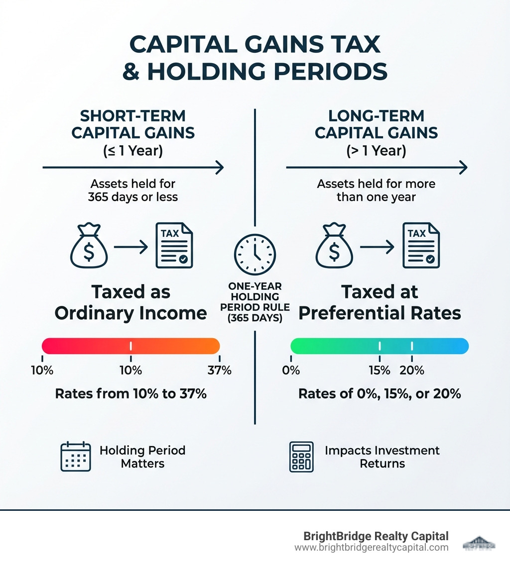 Infographic showing the one-year holding period rule: Assets held for 365 days or less generate short-term capital gains taxed as ordinary income at rates from 10% to 37%, while assets held for more than one year generate long-term capital gains taxed at preferential rates of 0%, 15%, or 20% - short term capital infographic 