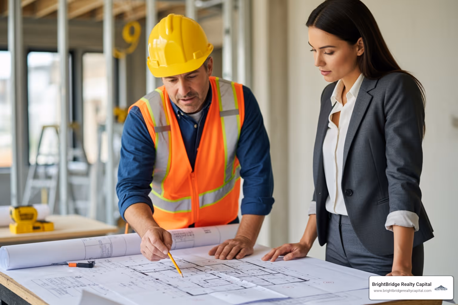 contractor and investor reviewing blueprints - renovation loans for investment property