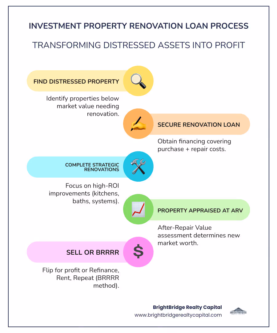 Infographic showing the renovation loan process for investment property: 1. Find distressed property below market value, 2. Secure renovation loan (purchase + repair costs), 3. Complete strategic renovations (kitchens, bathrooms, systems), 4. Property appraised at After Repair Value (ARV), 5. Sell for profit (flip) or refinance and rent (BRRRR method) - renovation loans for investment property infographic infographic-line-5-steps-colors