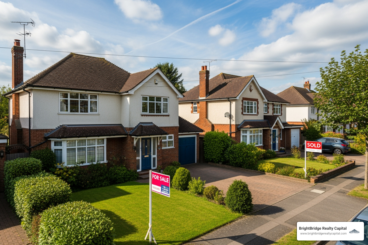 A picture of a house with a "For Sale" sign and another house with a "Sold" sign, depicting the transition process in real estate. - Bridge funding real estate
