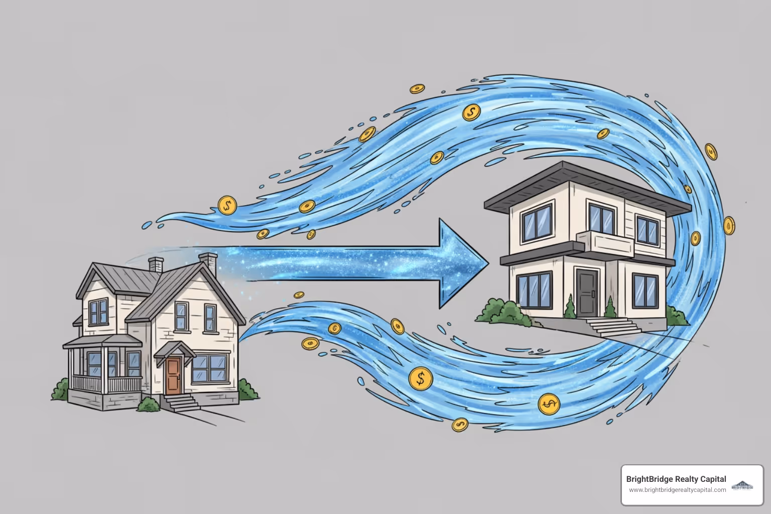 A flowchart showing the bridge loan process: 1. Borrower applies for bridge loan. 2. Lender underwrites based on asset value & exit plan. 3. Loan approved & funds disbursed quickly. 4. Borrower uses funds for new property/renovation. 5. Original property sells or new property is refinanced. 6. Bridge loan is repaid. - Bridge funding real estate