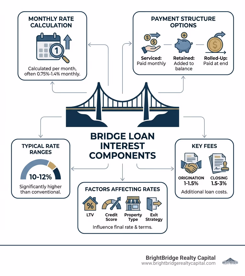 infographic showing bridge loan interest components: monthly rate calculation, payment structure options (serviced, retained, rolled-up), typical rate ranges (10-12%), key fees (origination 1-1.5%, closing 1.5-3%), and factors affecting rates (LTV, credit score, property type, exit strategy) - bridge loan interest infographic 