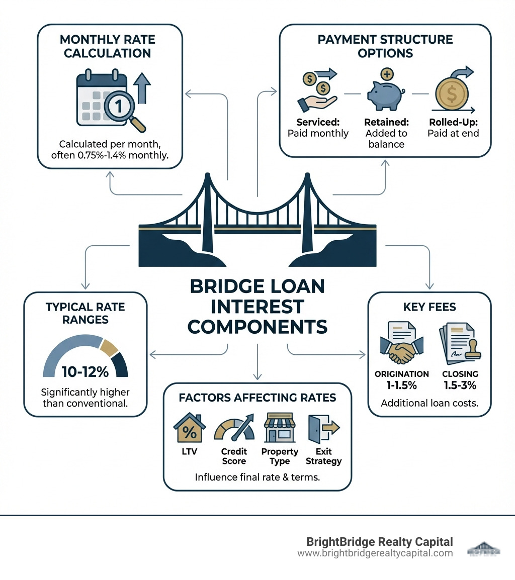 infographic showing bridge loan interest components: monthly rate calculation, payment structure options (serviced, retained, rolled-up), typical rate ranges (10-12%), key fees (origination 1-1.5%, closing 1.5-3%), and factors affecting rates (LTV, credit score, property type, exit strategy) - bridge loan interest infographic infographic showing bridge loan interest components: monthly rate calculation, payment structure options (serviced, retained, rolled-up), typical rate ranges (10-12%), key fees (origination 1-1.5%, closing 1.5-3%), and factors affecting rates (LTV, credit score, property type, exit strategy) - bridge loan interest infographic